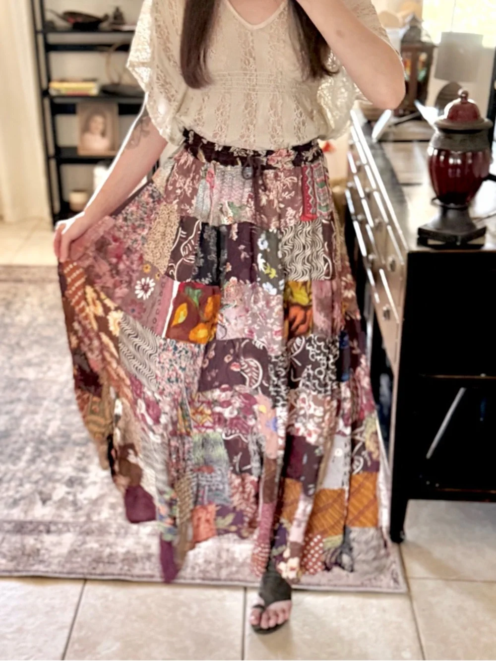 Vintage Patchwork Maxi Skirt Boho Festival Cottagecore Free Size Drawstring‎